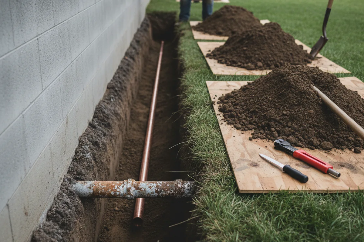 Excavated water line trench during Water Softener Installation in Germantown